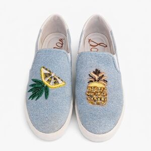 Sam Edelman Evalina Denim Slip On Sneakers Pineapple Lemon Embroidered Flats